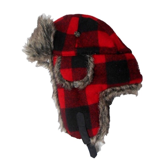 NEW! Mad Bomber Trapper Hat Faux Fur Lined Black Red Plaid 100% Wool Medium - Picture 1 of 14